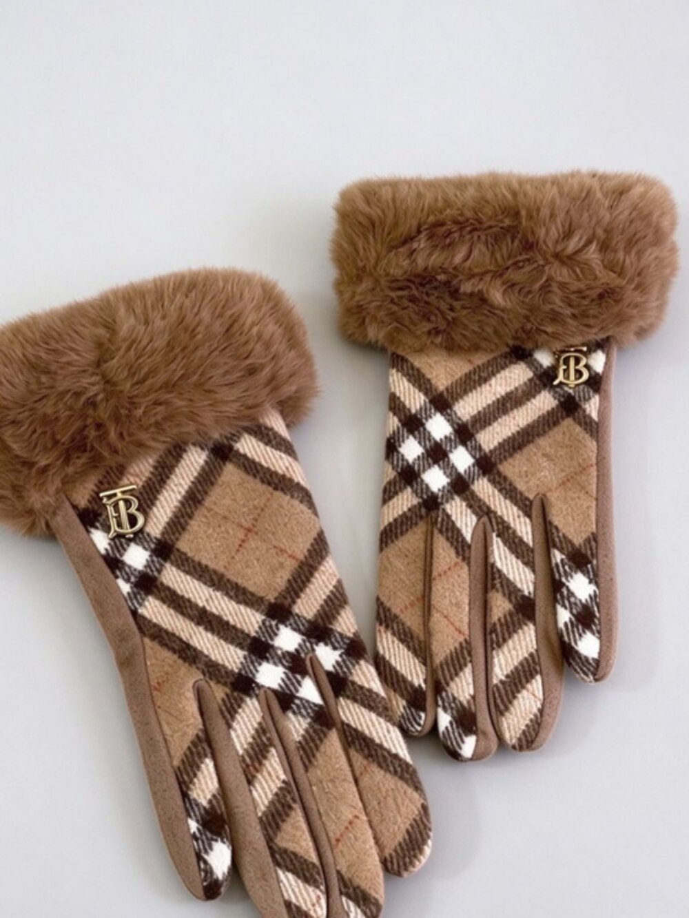 Burberry Tartan Plaid Faux Fur Cuff Touchscreen Gloves